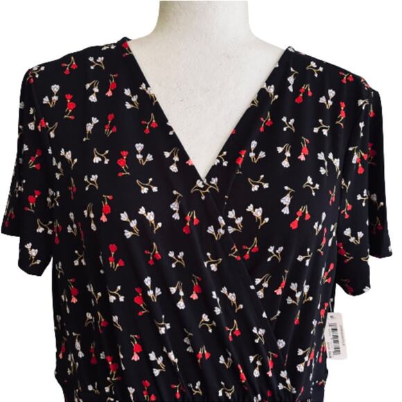 Lark & Ro Dress Black Red Floral V-Neck Short Sleeve Faux Wrap Dress Size 14 NEW - Picture 3 of 12